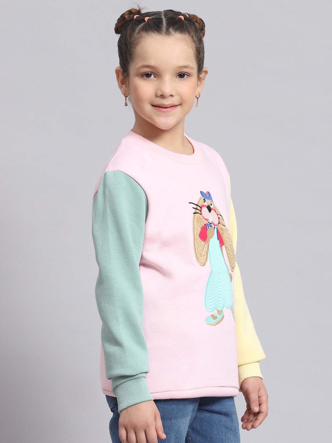 Girls Pink Embroidered Round Neck Full Sleeve Sweatshirt