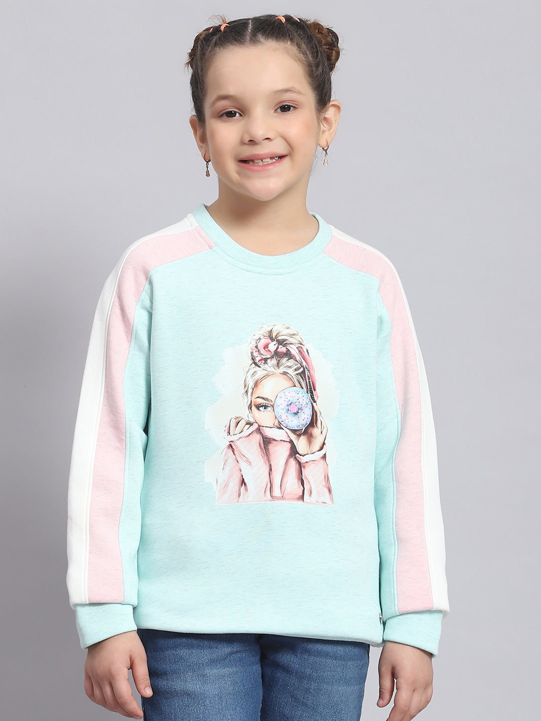 Girls Blue Printed Round Neck Full Sleeve Sweatshirt