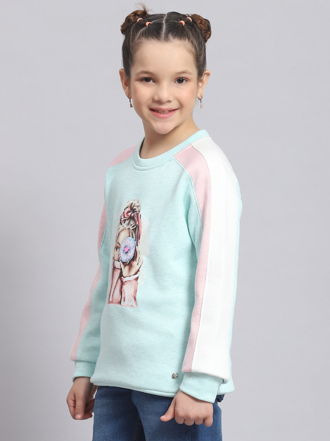 Girls Blue Printed Round Neck Full Sleeve Sweatshirt