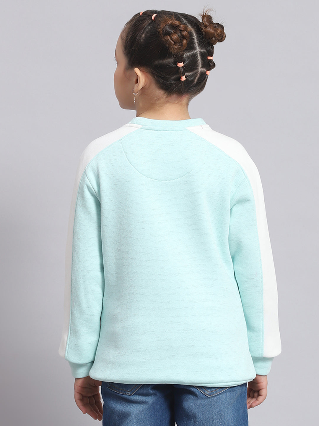 Girls Blue Printed Round Neck Full Sleeve Sweatshirt