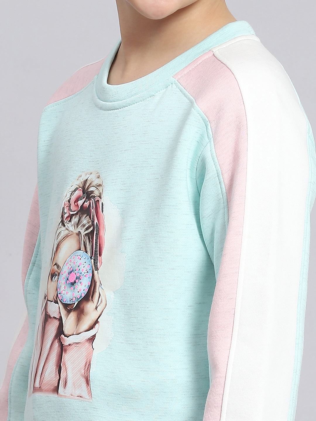 Girls Blue Printed Round Neck Full Sleeve Sweatshirt