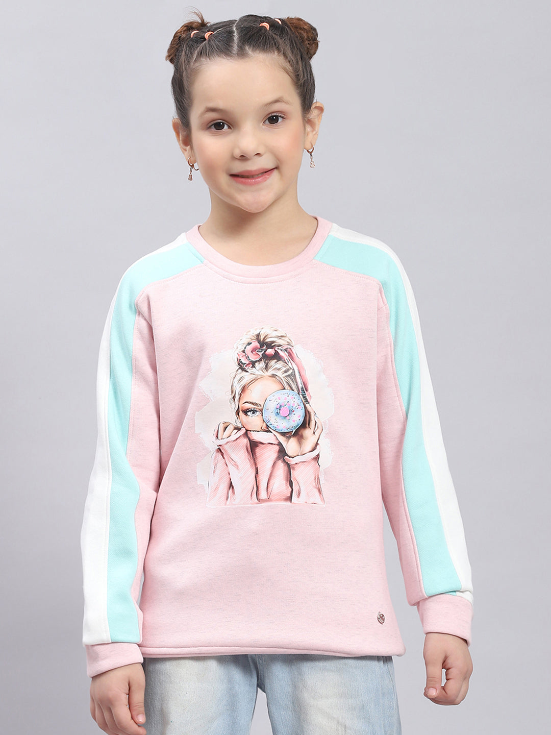 Girls Pink Printed Round Neck Full Sleeve Sweatshirt