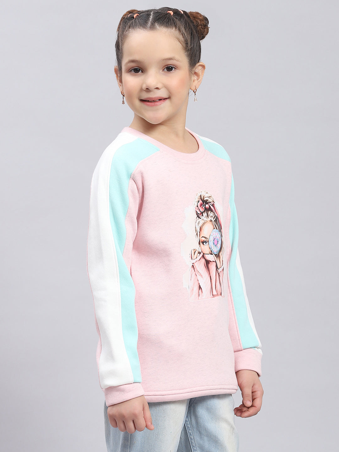 Girls Pink Printed Round Neck Full Sleeve Sweatshirt