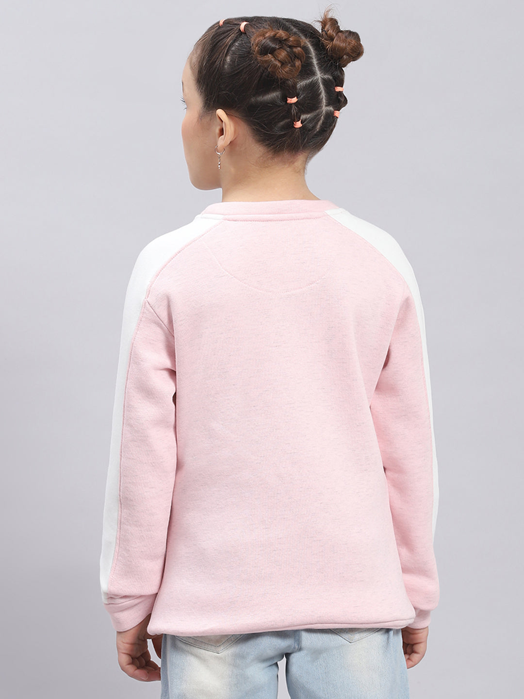 Girls Pink Printed Round Neck Full Sleeve Sweatshirt