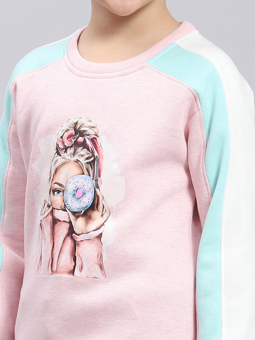 Girls Pink Printed Round Neck Full Sleeve Sweatshirt