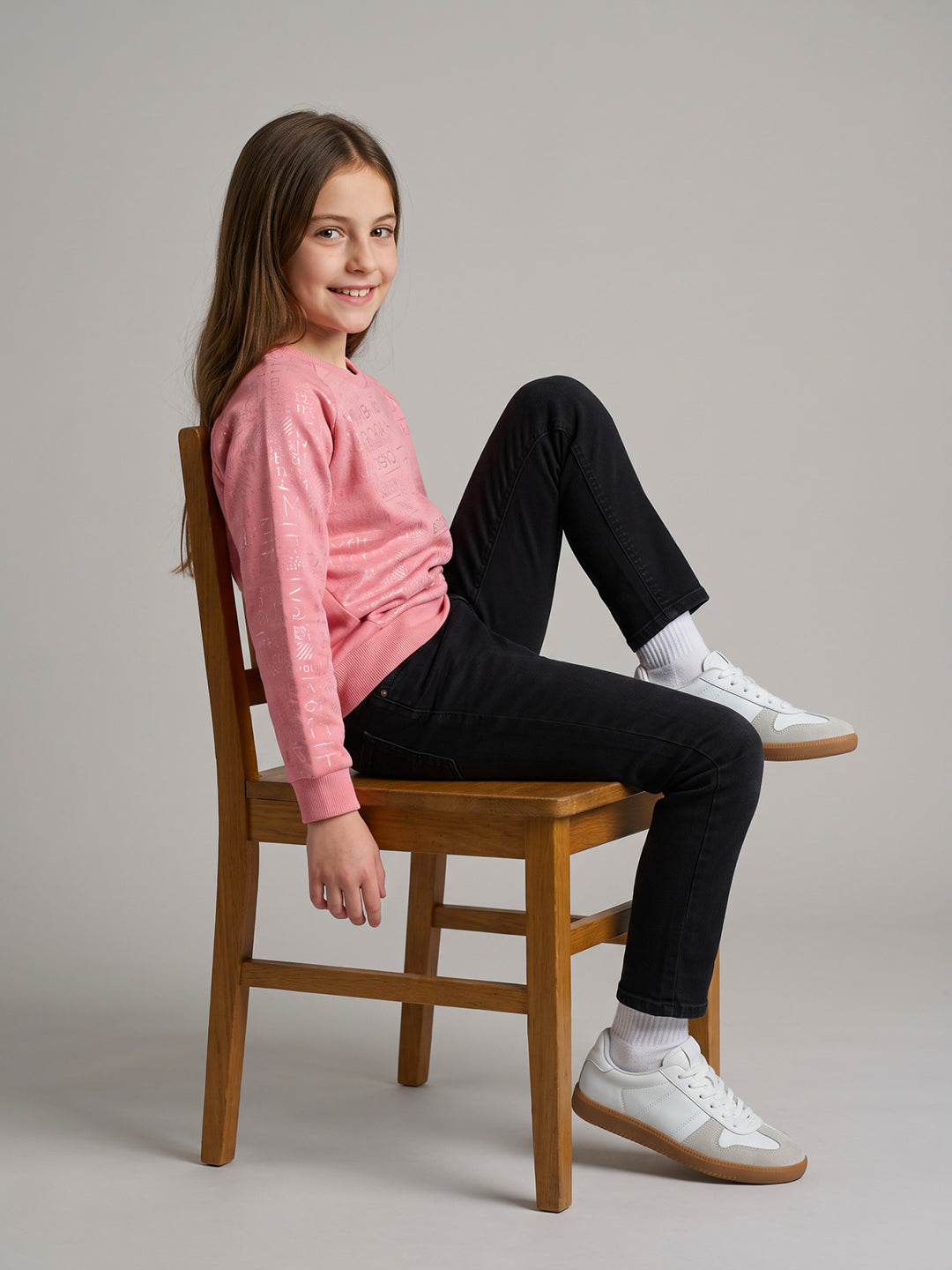 Girls Pink Self Design Round Neck Full Sleeve Sweatshirt