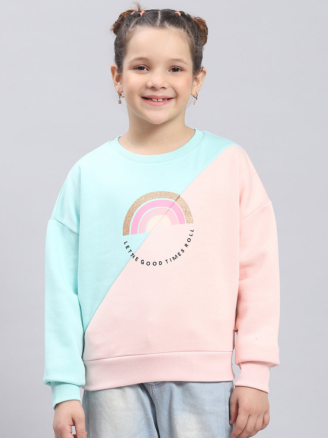 Girls Pink & Blue Printed Round Neck Full Sleeve Sweatshirt