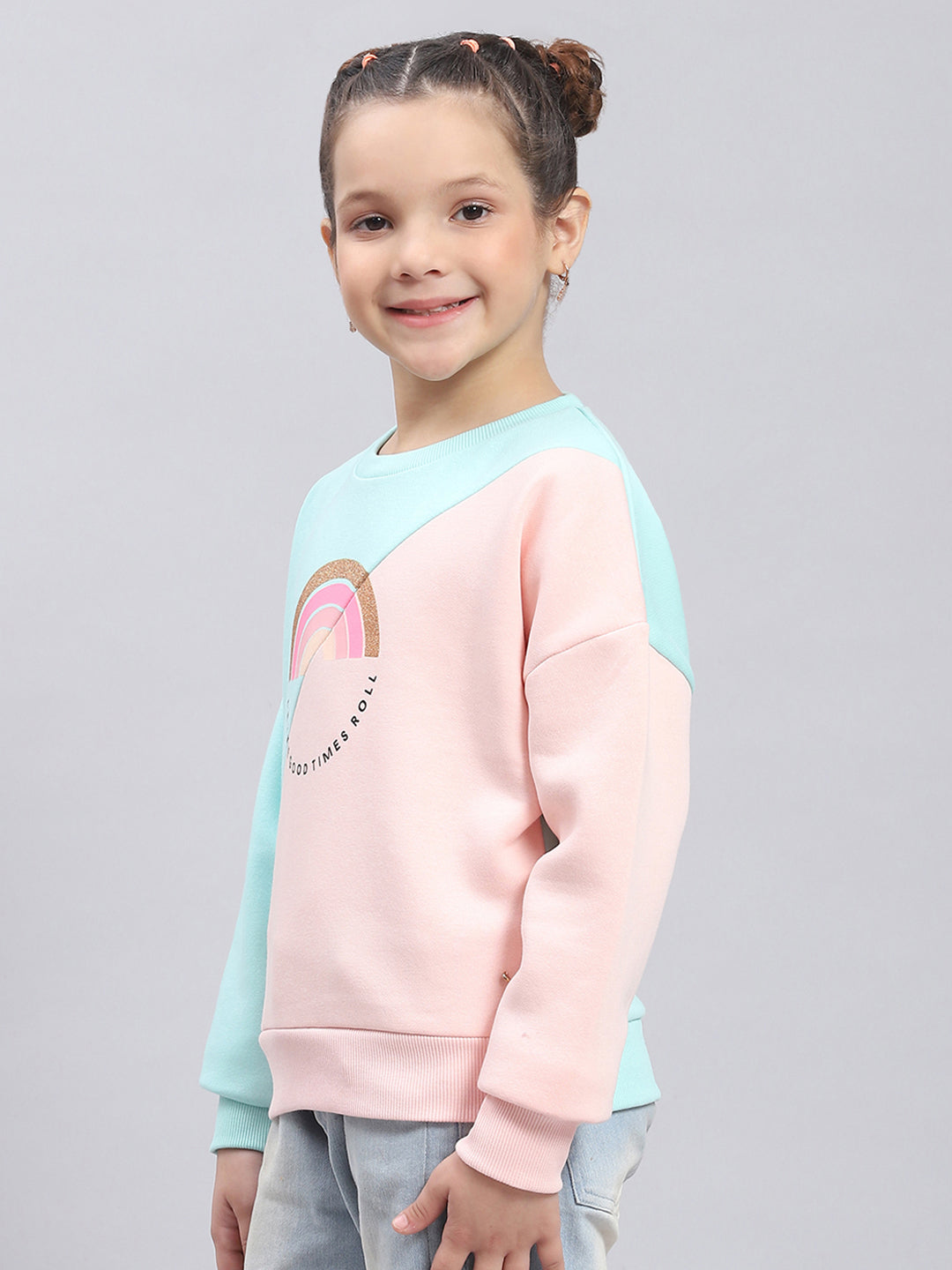 Girls Pink & Blue Printed Round Neck Full Sleeve Sweatshirt