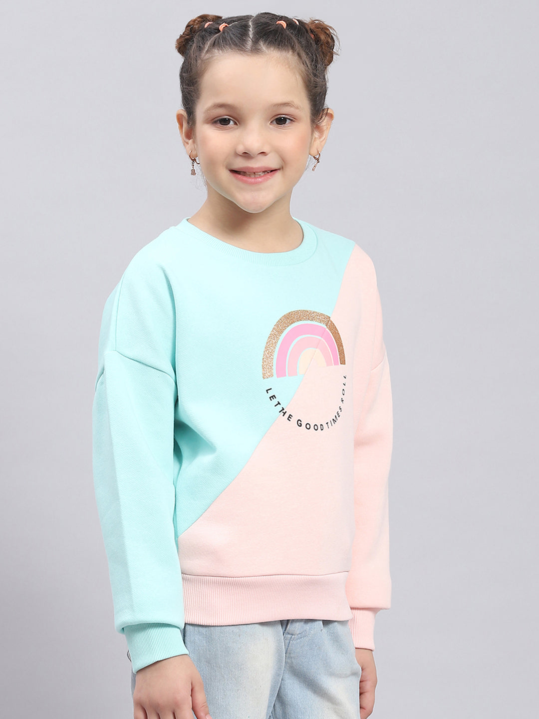 Girls Pink & Blue Printed Round Neck Full Sleeve Sweatshirt
