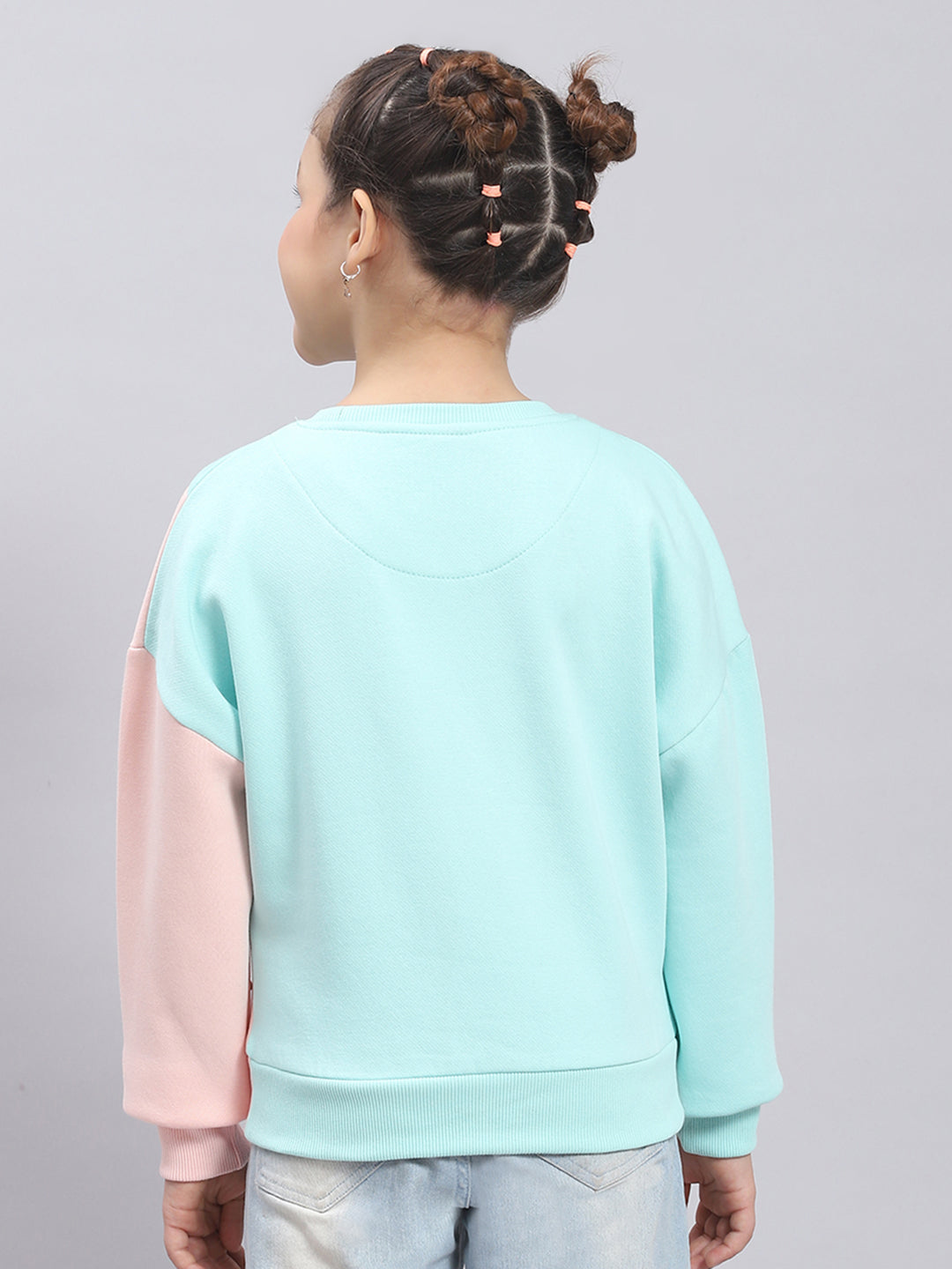 Girls Pink & Blue Printed Round Neck Full Sleeve Sweatshirt