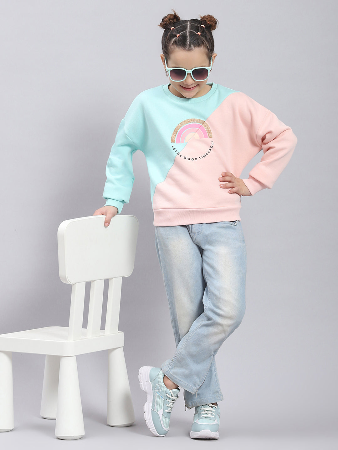 Girls Pink & Blue Printed Round Neck Full Sleeve Sweatshirt