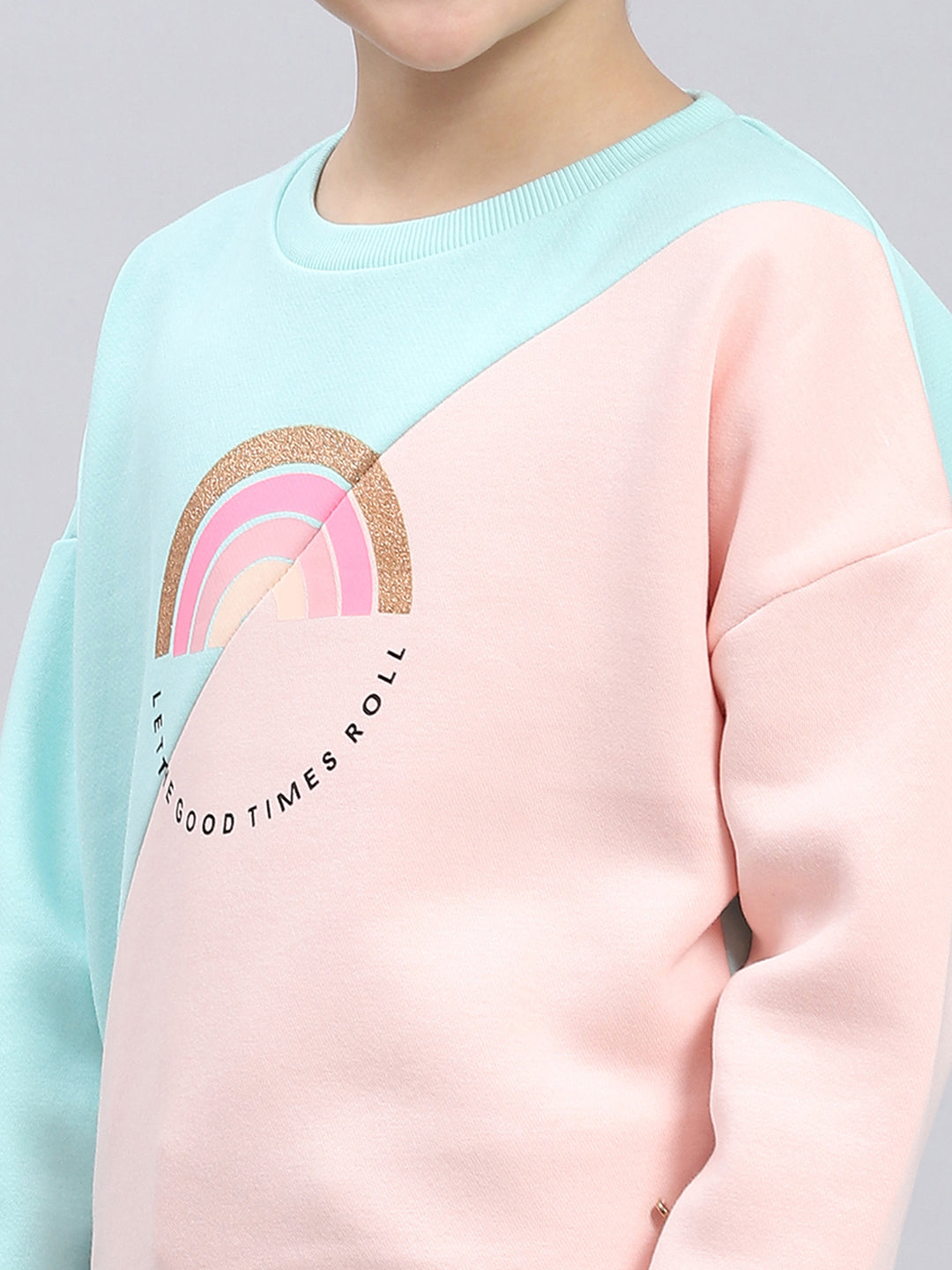 Girls Pink & Blue Printed Round Neck Full Sleeve Sweatshirt