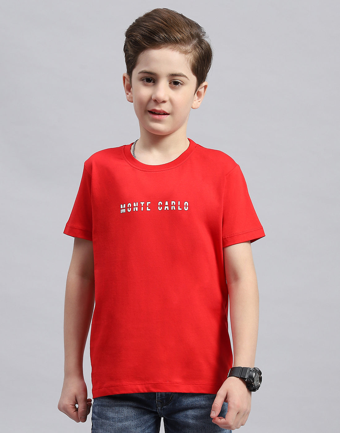 Boys Red Printed Round Neck Half Sleeve T-Shirt