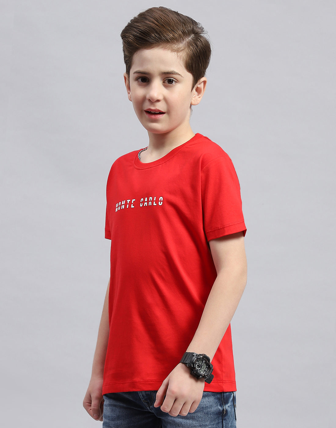 Boys Red Printed Round Neck Half Sleeve T-Shirt