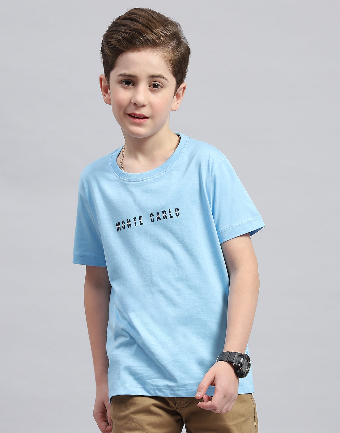 Boys Sky Blue Printed Round Neck Half Sleeve T-Shirt