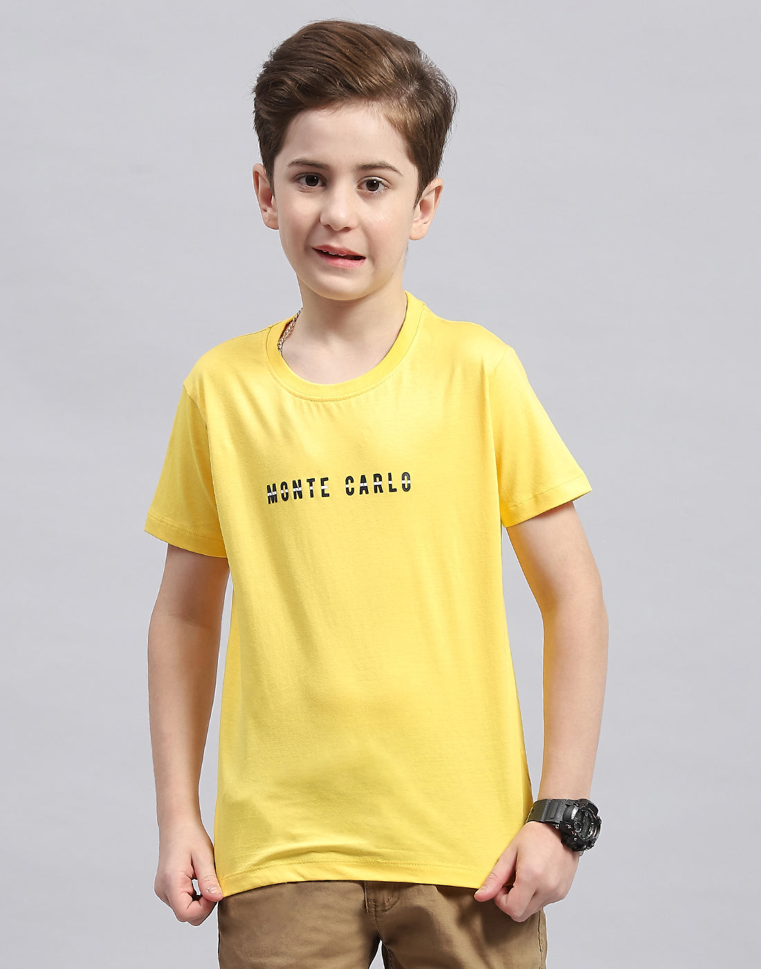 Boys Yellow Printed Round Neck Half Sleeve T-Shirt