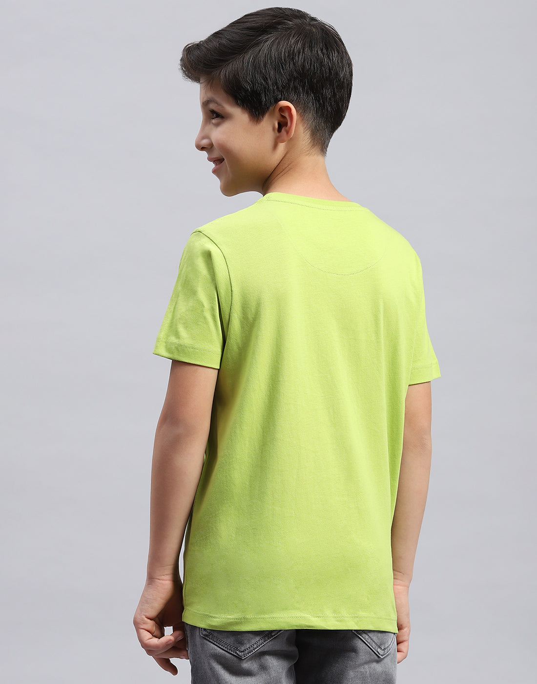 Boys Navy Blue & Green Printed Round Neck Half Sleeve T-Shirt