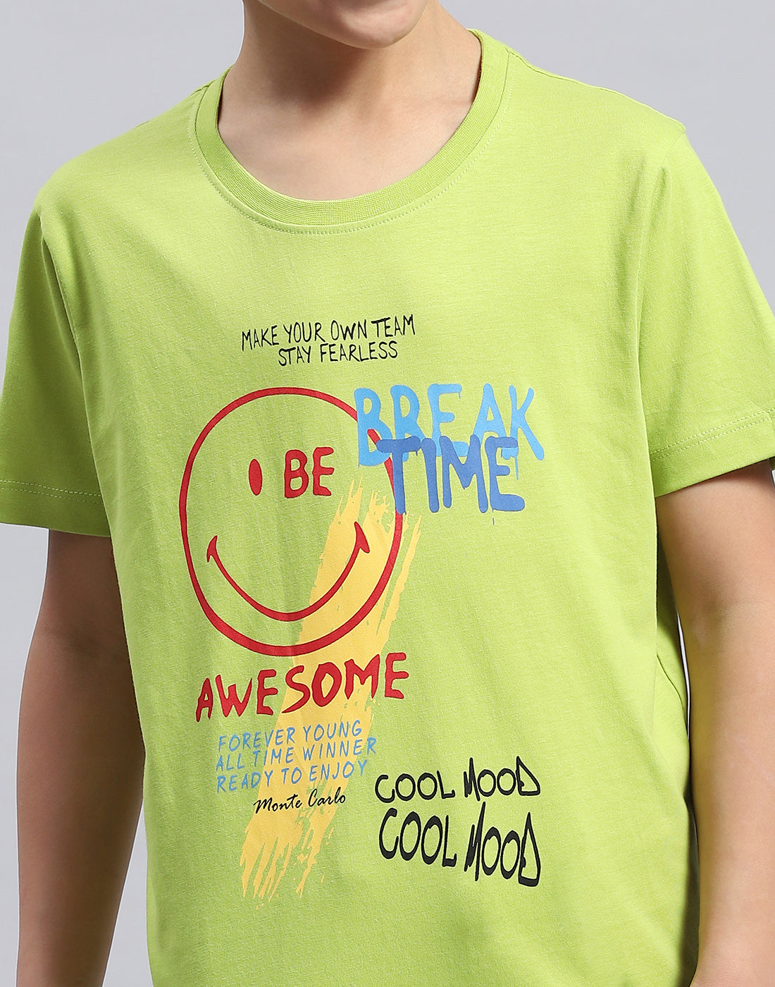 Boys Navy Blue & Green Printed Round Neck Half Sleeve T-Shirt