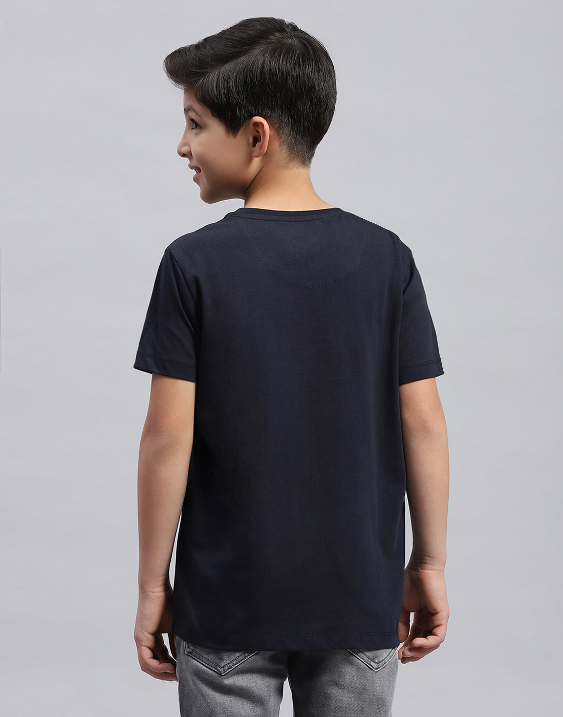 Boys Navy Blue & Green Printed Round Neck Half Sleeve T-Shirt