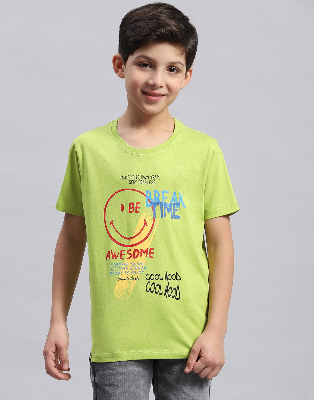 Boys Navy Blue & Green Printed Round Neck Half Sleeve T-Shirt