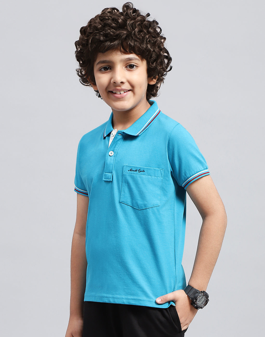 Boys Blue Solid Polo Collar Half Sleeve T-Shirt