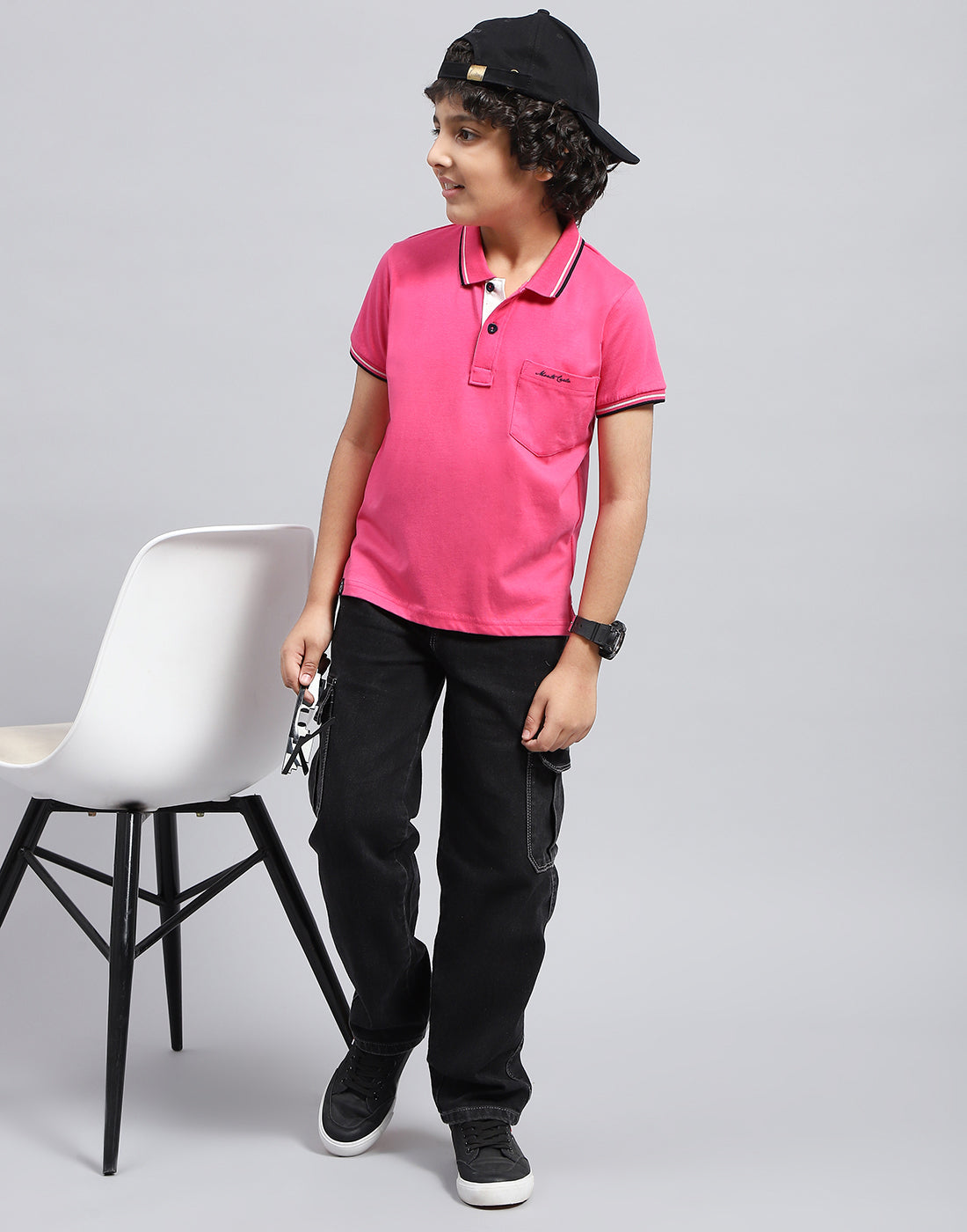 Boys Pink Solid Polo Collar Half Sleeve T-Shirt