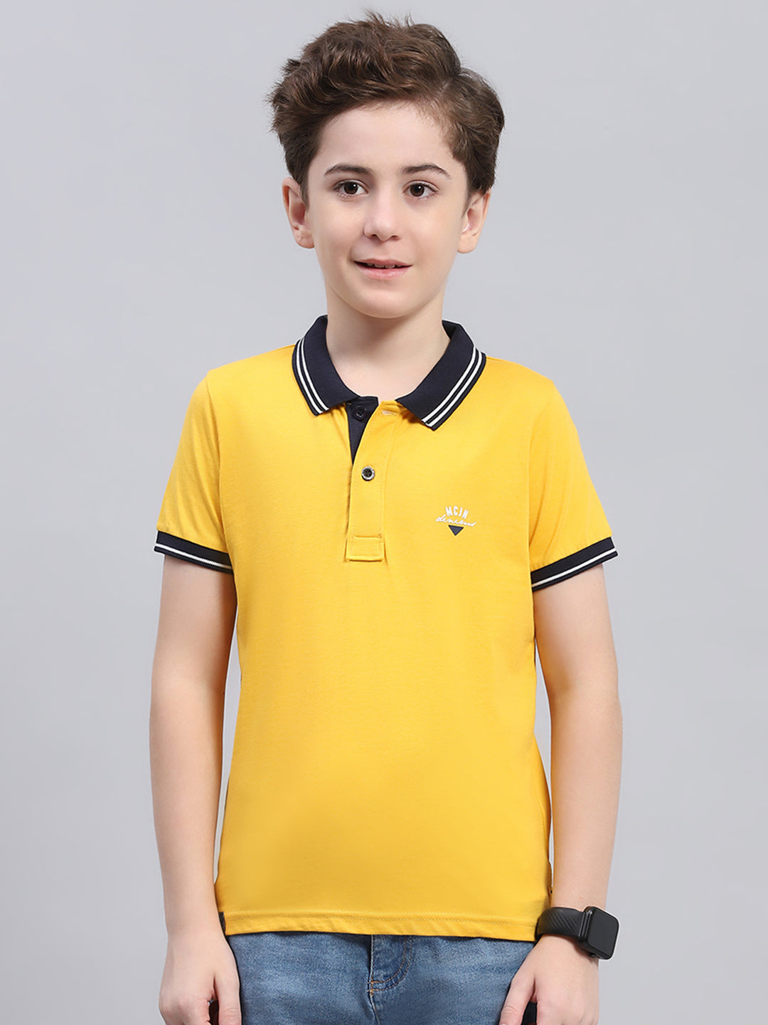 Boys Mustard Printed Collar Half Sleeve T-Shirt