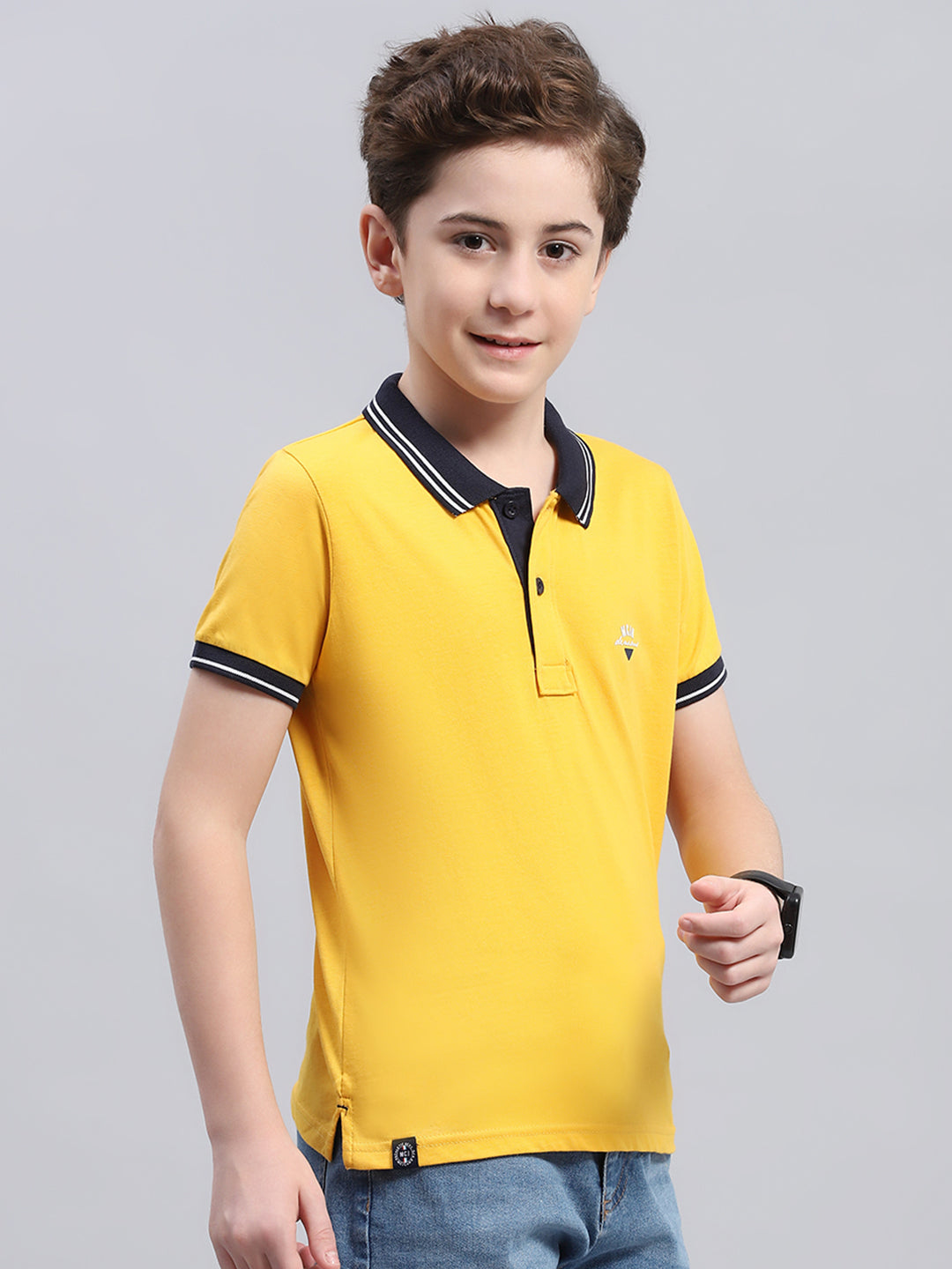Boys Mustard Printed Collar Half Sleeve T-Shirt