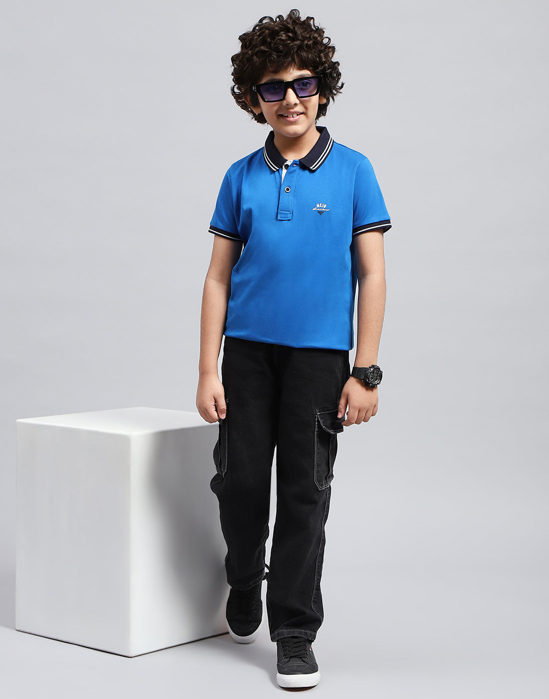 Boys Blue Solid Polo Collar Half Sleeve T-Shirt