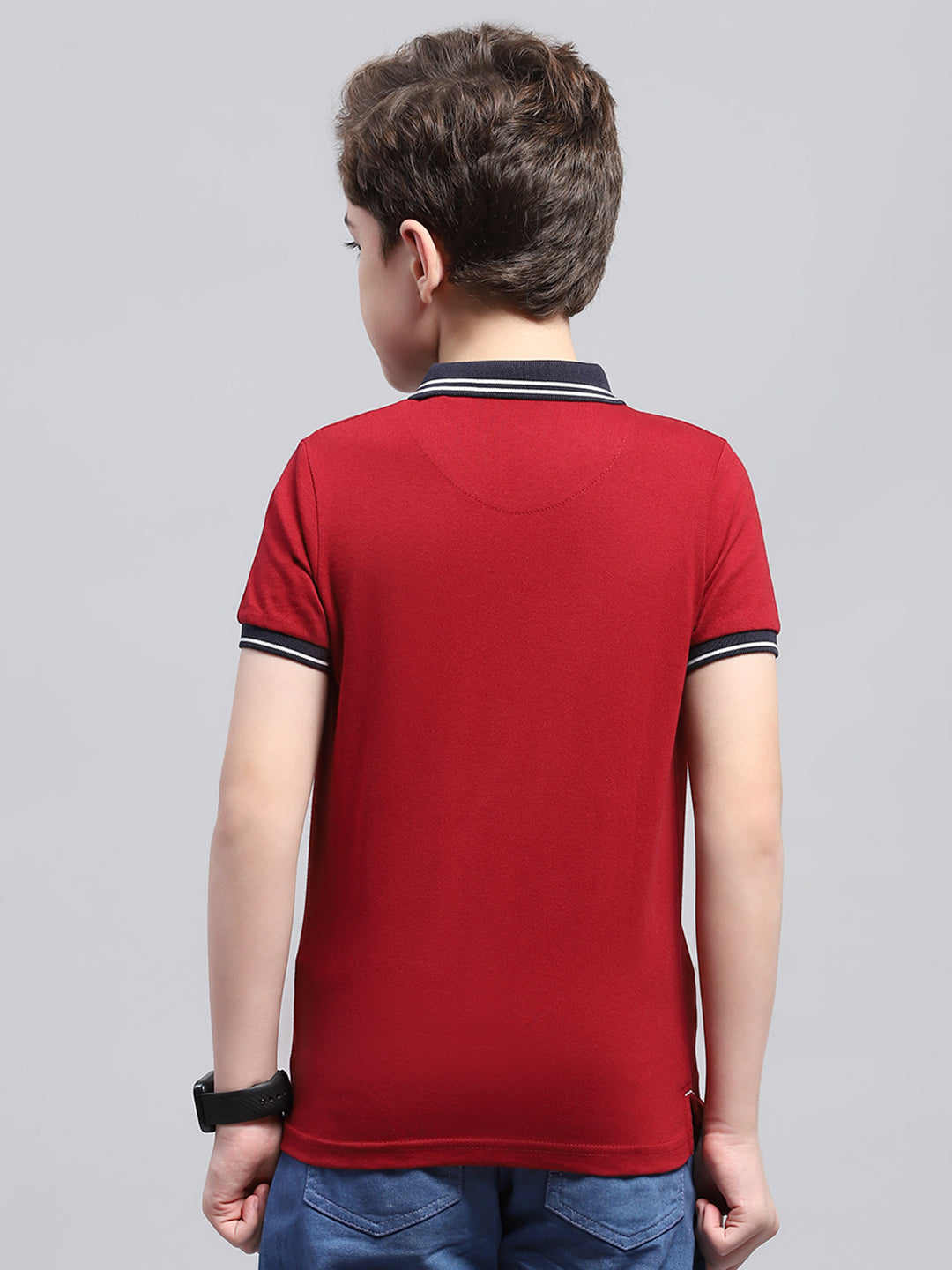Boys Maroon Printed Collar Half Sleeve T-Shirt