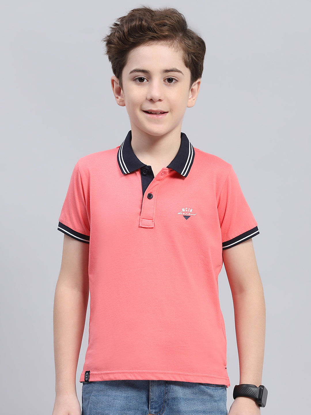 Boys Coral Solid Collar Half Sleeve T-Shirt