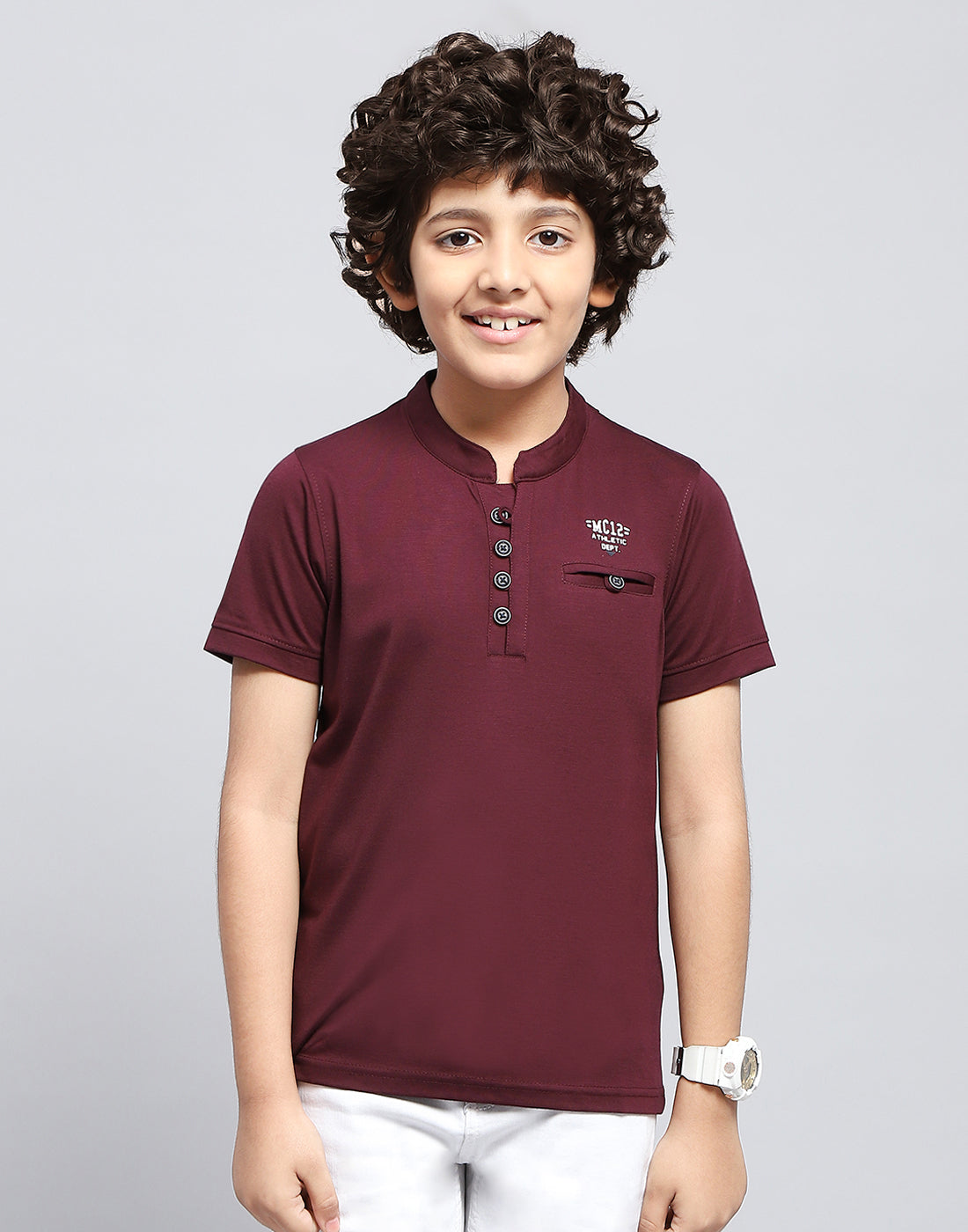 Boys Maroon Solid Mandarin Neck Half Sleeve T-Shirt