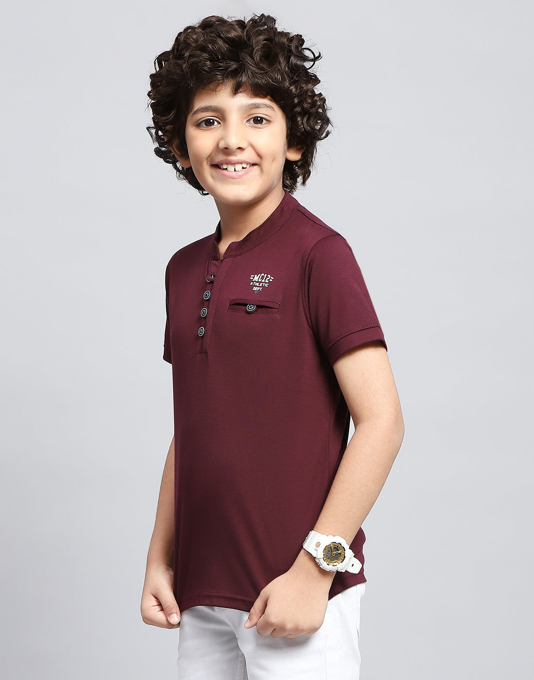 Boys Maroon Solid Mandarin Neck Half Sleeve T-Shirt