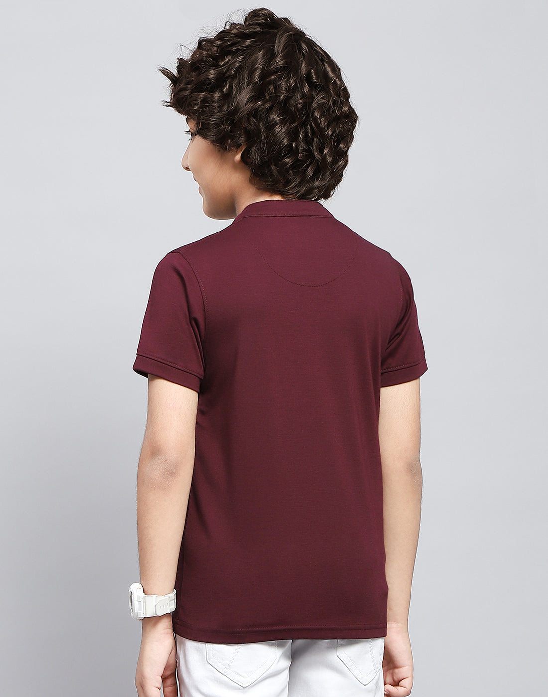 Boys Maroon Solid Mandarin Neck Half Sleeve T-Shirt