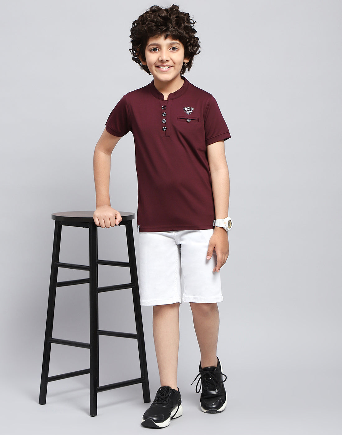 Boys Maroon Solid Mandarin Neck Half Sleeve T-Shirt