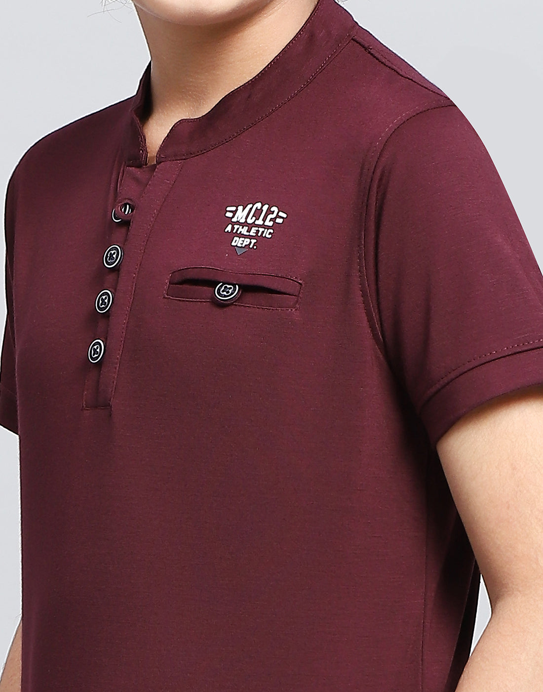 Boys Maroon Solid Mandarin Neck Half Sleeve T-Shirt