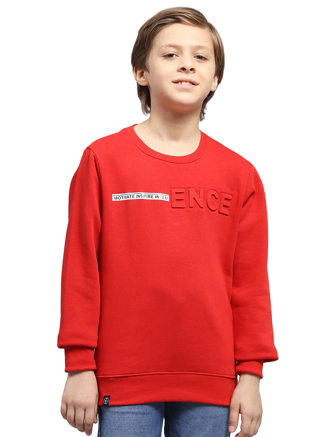 Boys Red Printed Round Neck Full Sleeve Sweatshirt