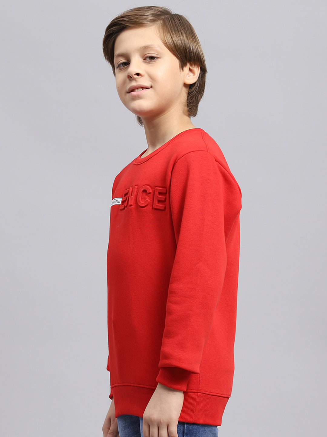 Boys Red Printed Round Neck Full Sleeve Sweatshirt