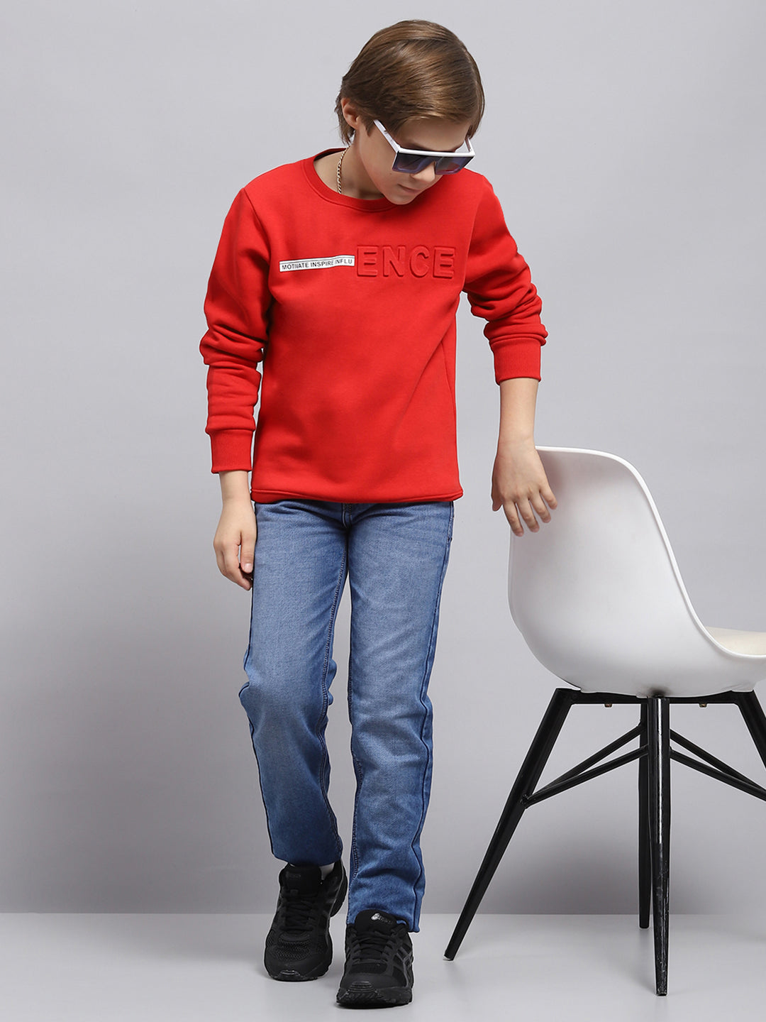 Boys Red Printed Round Neck Full Sleeve Sweatshirt