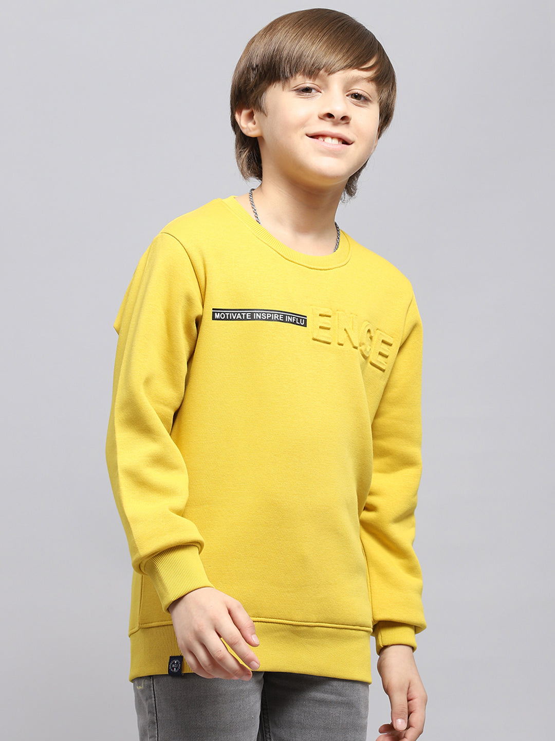 Boys Yellow Printed Round Neck Full Sleeve Sweatshirt