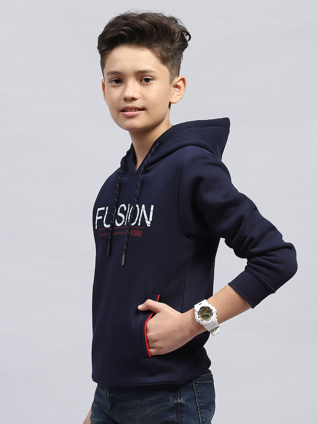 Boys Navy Blue Printed Hooded Full Sleeve Sweatshirt