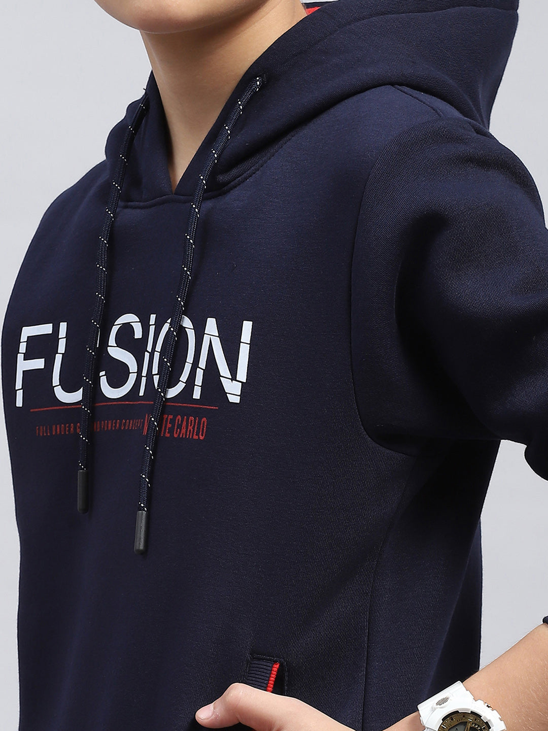 Boys Navy Blue Printed Hooded Full Sleeve Sweatshirt