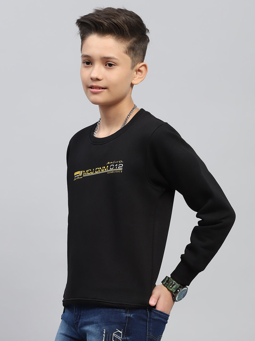 Boys Black Printed Round Neck Full Sleeve Sweatshirt