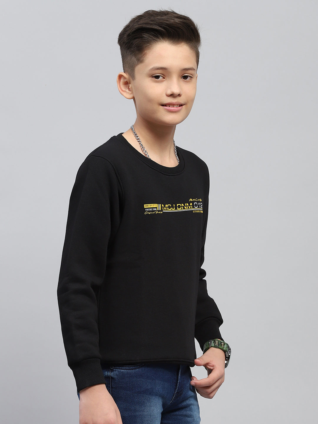 Boys Black Printed Round Neck Full Sleeve Sweatshirt