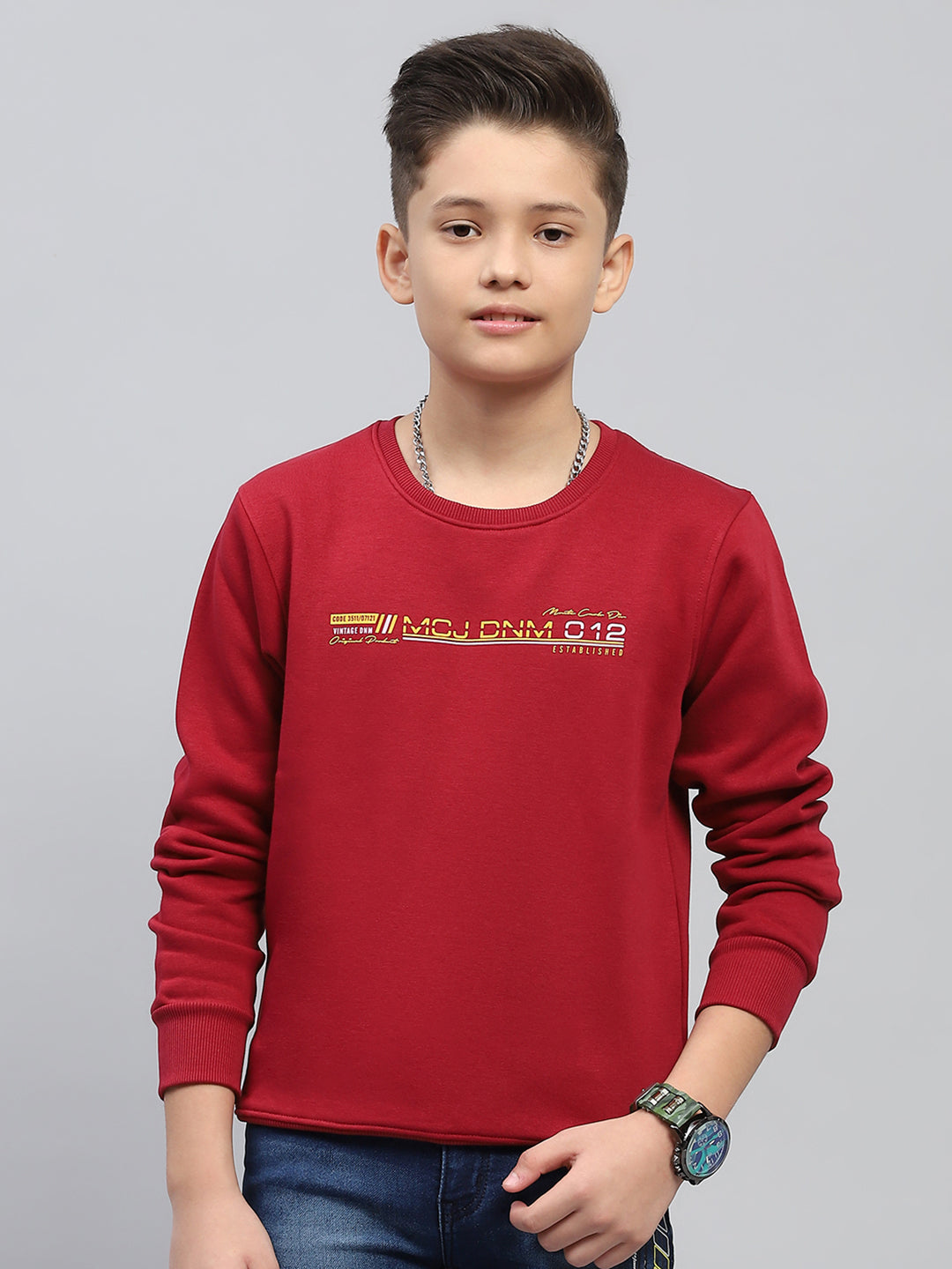 Boys Maroon Printed Round Neck Full Sleeve Sweatshirt