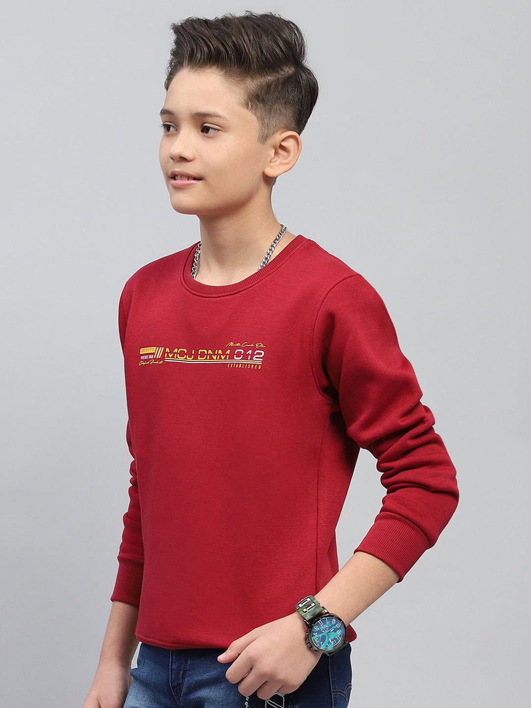 Boys Maroon Printed Round Neck Full Sleeve Sweatshirt
