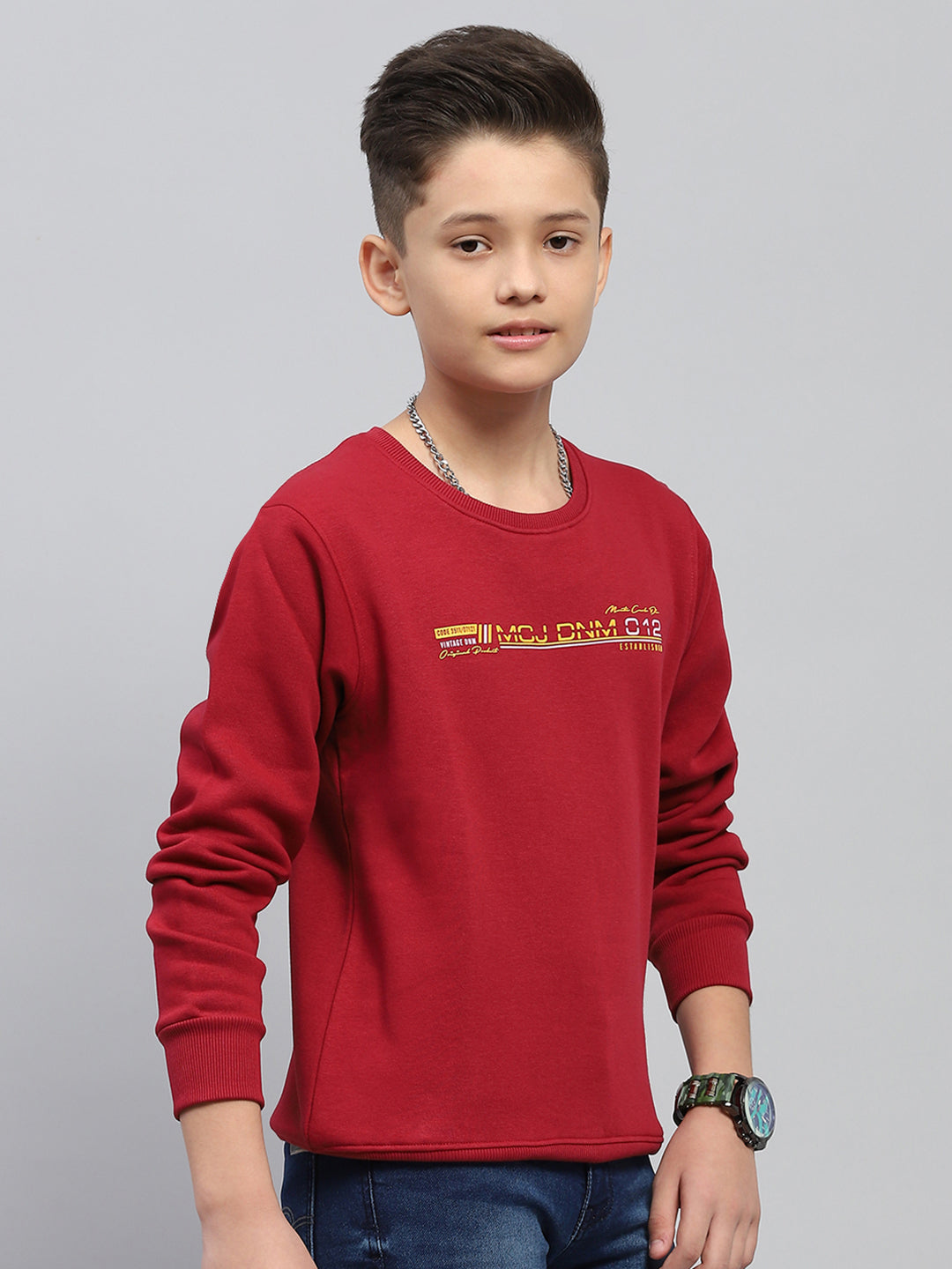 Boys Maroon Printed Round Neck Full Sleeve Sweatshirt