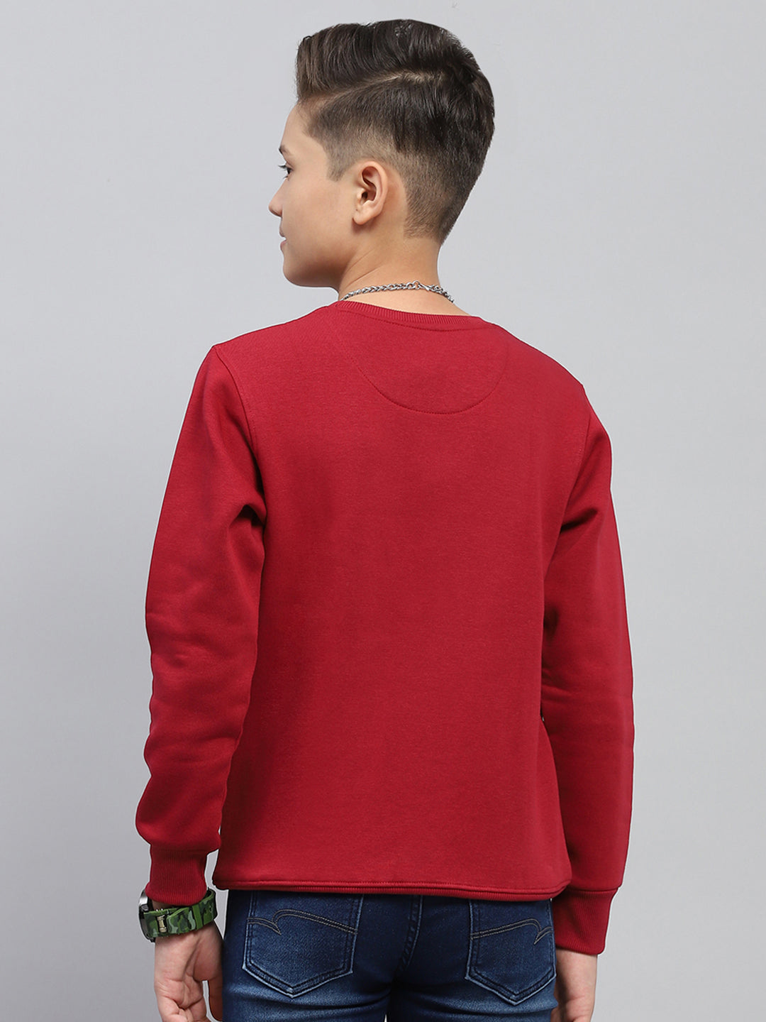 Boys Maroon Printed Round Neck Full Sleeve Sweatshirt