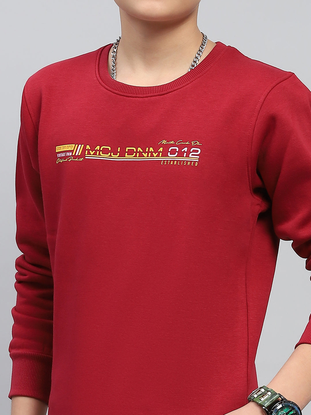 Boys Maroon Printed Round Neck Full Sleeve Sweatshirt