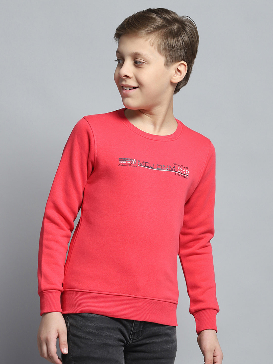 Boys Pink Printed Round Neck Full Sleeve Pullover